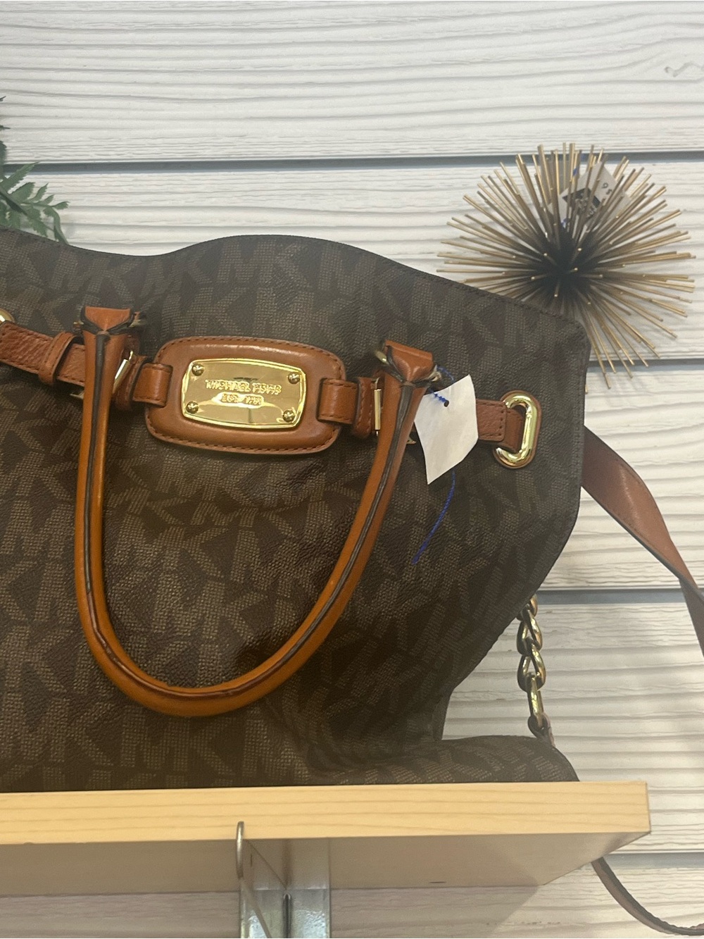 Brown Signature Canvas Shoulder Bag with Tan Trim and Gold Plate